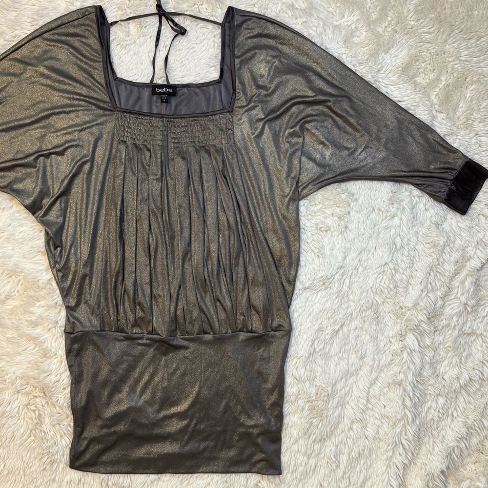 Bebe Metallic Grey/Silver/Gold Square Neck Dolman Sleeve Top